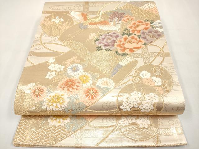 平和屋本店▼六通柄袋帯　唐織　飛鶴草花絵巻文　本金箔　正絹　逸品　CABL1515tx
