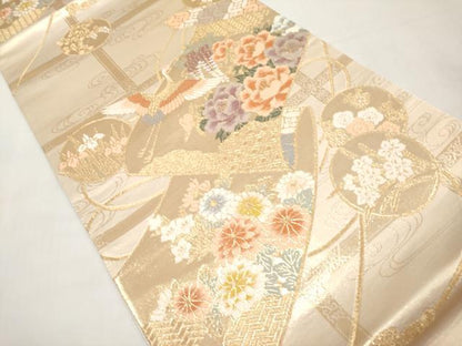 平和屋本店▼六通柄袋帯　唐織　飛鶴草花絵巻文　本金箔　正絹　逸品　CABL1515tx