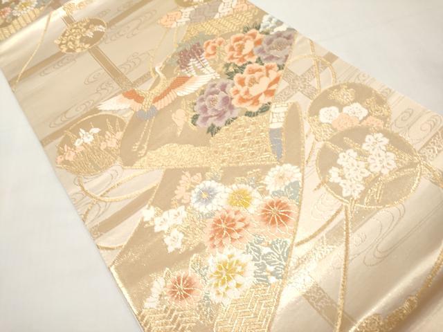 平和屋本店▼六通柄袋帯　唐織　飛鶴草花絵巻文　本金箔　正絹　逸品　CABL1515tx