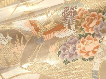 平和屋本店▼六通柄袋帯　唐織　飛鶴草花絵巻文　本金箔　正絹　逸品　CABL1515tx