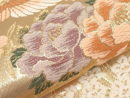平和屋本店▼六通柄袋帯　唐織　飛鶴草花絵巻文　本金箔　正絹　逸品　CABL1515tx