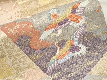 平和屋本店▼六通柄袋帯　唐織　色紙取群鶴文　純金箔24K　正絹　逸品　CABL1516tx