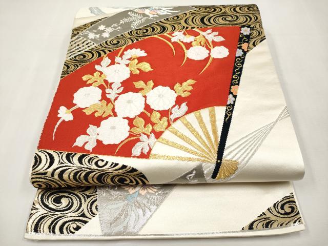 平和屋本店▼六通柄袋帯　唐織　扇面花鳥文　純プラチナ純金24K弐重箔　正絹　逸品　CABL1517tx