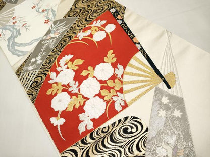 平和屋本店▼六通柄袋帯　唐織　扇面花鳥文　純プラチナ純金24K弐重箔　正絹　逸品　CABL1517tx