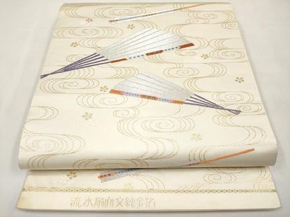 平和屋本店▼六通柄袋帯　流水扇面文純金箔　正絹　逸品　CABL1518tx