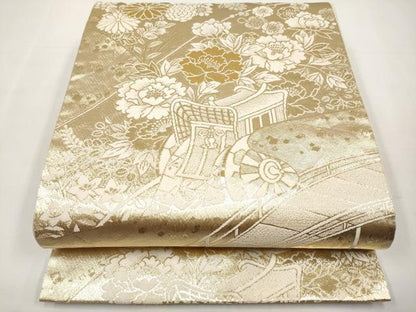平和屋本店▼六通柄袋帯　御所車草花文　24金箔二重織　正絹　逸品　CABL1527tx
