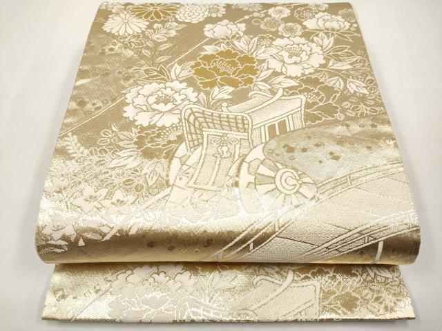 平和屋本店▼六通柄袋帯　御所車草花文　24金箔二重織　正絹　逸品　CABL1527tx