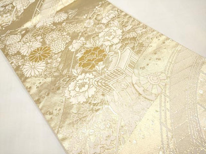 平和屋本店▼六通柄袋帯　御所車草花文　24金箔二重織　正絹　逸品　CABL1527tx