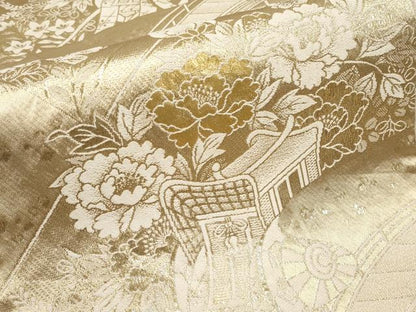 平和屋本店▼六通柄袋帯　御所車草花文　24金箔二重織　正絹　逸品　CABL1527tx