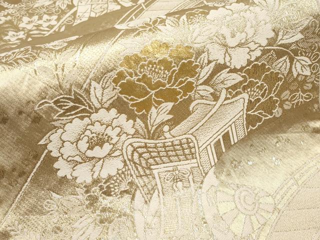 平和屋本店▼六通柄袋帯　御所車草花文　24金箔二重織　正絹　逸品　CABL1527tx