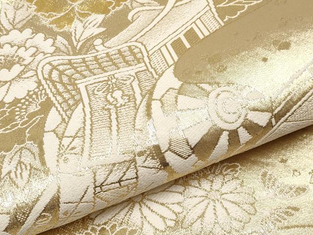 平和屋本店▼六通柄袋帯　御所車草花文　24金箔二重織　正絹　逸品　CABL1527tx