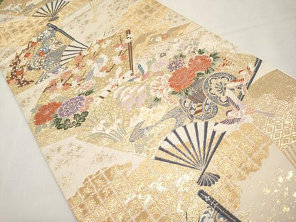 平和屋本店▼六通柄袋帯　唐織　扇面花車文　九百本金弐重織　正絹　逸品　CABL1529tx