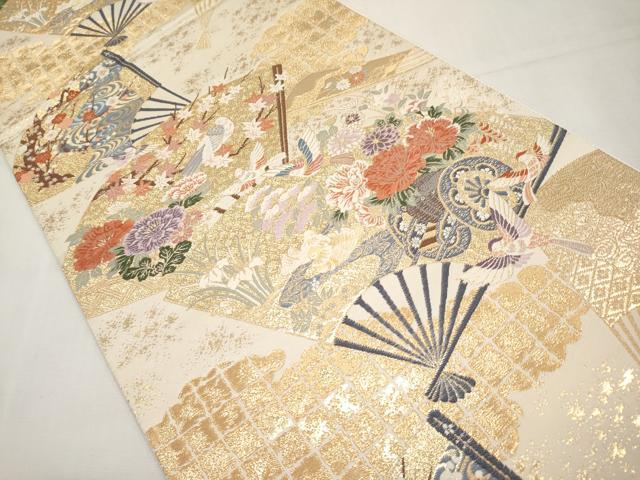 平和屋本店▼六通柄袋帯　唐織　扇面花車文　九百本金弐重織　正絹　逸品　CABL1529tx