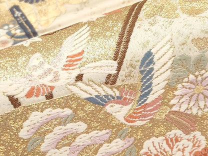 平和屋本店▼六通柄袋帯　唐織　扇面花車文　九百本金弐重織　正絹　逸品　CABL1529tx