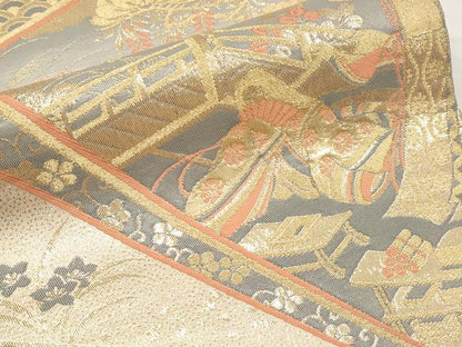 平和屋本店▼六通柄袋帯　平安人物風景文　純金24K本金箔二重織　正絹　逸品　CABL1530tx