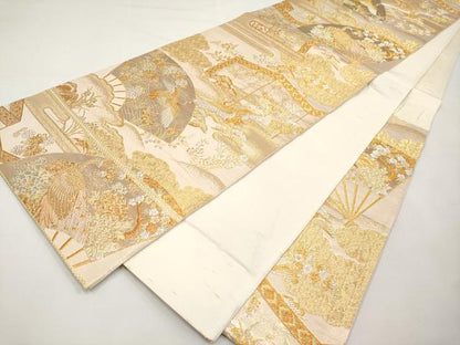 平和屋本店▼六通柄袋帯　扇面花鳥文　本金箔　正絹　逸品　CABL1535tx