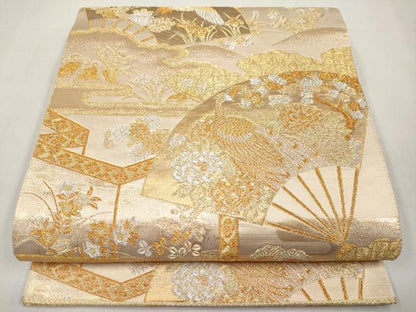 平和屋本店▼六通柄袋帯　扇面花鳥文　本金箔　正絹　逸品　CABL1535tx