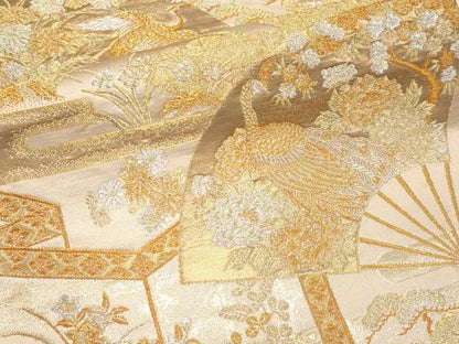 平和屋本店▼六通柄袋帯　扇面花鳥文　本金箔　正絹　逸品　CABL1535tx
