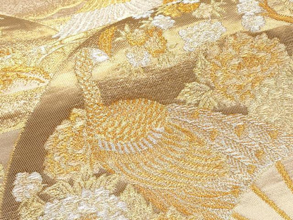 平和屋本店▼六通柄袋帯　扇面花鳥文　本金箔　正絹　逸品　CABL1535tx