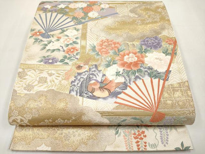 平和屋本店▼六通柄袋帯　唐織　違棚扇面文　純金箔　正絹　逸品　未使用　CABL1538tx