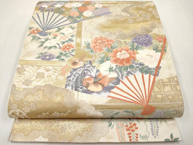 平和屋本店▼六通柄袋帯　唐織　違棚扇面文　純金箔　正絹　逸品　未使用　CABL1538tx