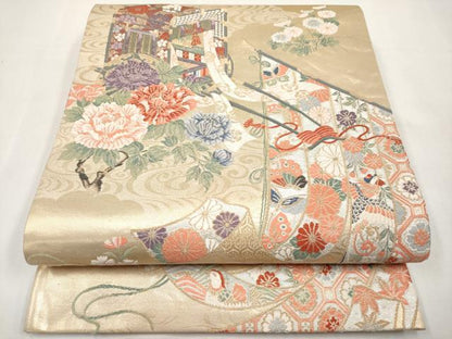 平和屋本店▼六通柄袋帯　唐織　几帳御所車紋　本金箔　正絹　逸品　CABL1542tx