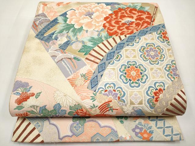 平和屋本店▼六通柄袋帯　唐織　扇面牡丹花文　九百錦24K本金箔　正絹　逸品　CABL1545tx
