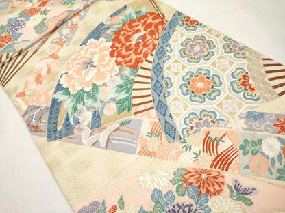 平和屋本店▼六通柄袋帯　唐織　扇面牡丹花文　九百錦24K本金箔　正絹　逸品　CABL1545tx