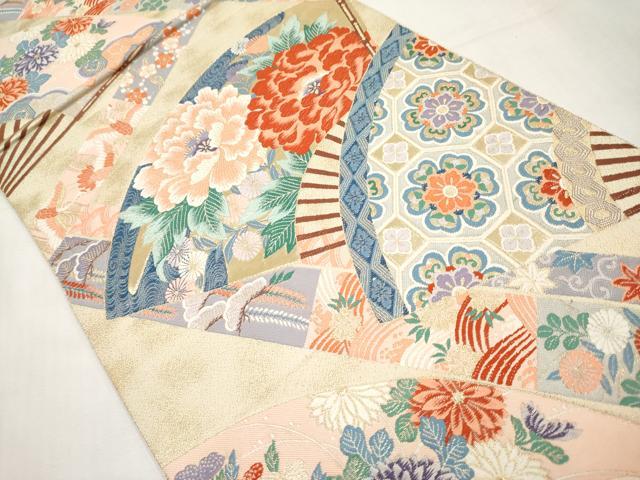 平和屋本店▼六通柄袋帯　唐織　扇面牡丹花文　九百錦24K本金箔　正絹　逸品　CABL1545tx