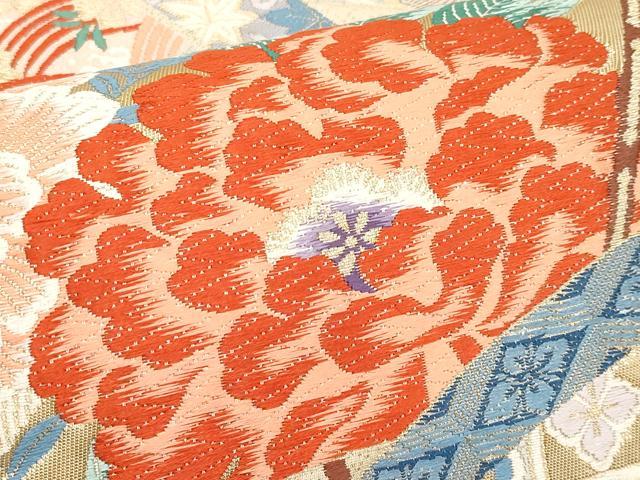 平和屋本店▼六通柄袋帯　唐織　扇面牡丹花文　九百錦24K本金箔　正絹　逸品　CABL1545tx