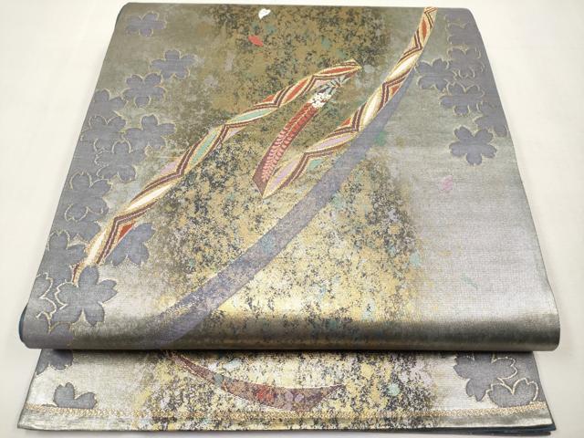 平和屋本店▼六通柄袋帯　鬘帯花文　京金鏤箔　引箔　正絹　逸品　CABL1546tx