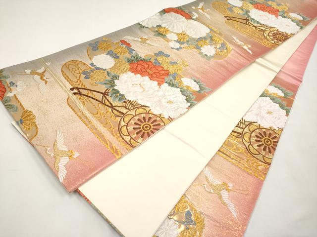 平和屋本店▼六通柄袋帯　唐織　飛鶴花車文　本金箔　正絹　逸品　CABL1550tx