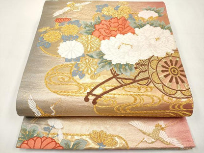 平和屋本店▼六通柄袋帯　唐織　飛鶴花車文　本金箔　正絹　逸品　CABL1550tx