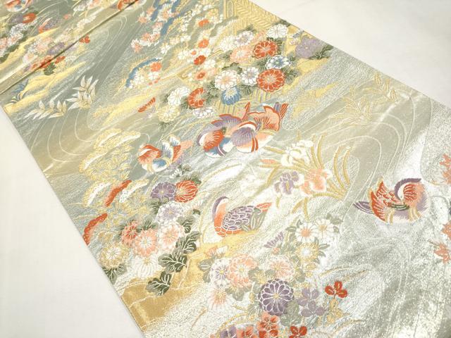 平和屋本店▼六通柄袋帯　唐織　鴛鴦草花文　本金箔　正絹　逸品　CABL1555tx