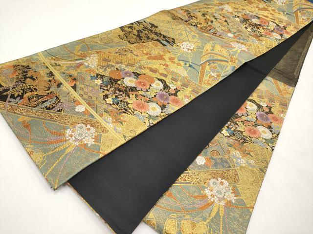 平和屋本店▼六通柄袋帯　唐織　桧扇草花文　本金箔　正絹　逸品　CABL1556tx