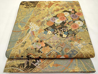 平和屋本店▼六通柄袋帯　唐織　桧扇草花文　本金箔　正絹　逸品　CABL1556tx