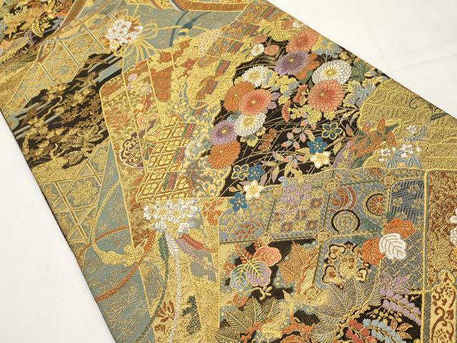 平和屋本店▼六通柄袋帯　唐織　桧扇草花文　本金箔　正絹　逸品　CABL1556tx