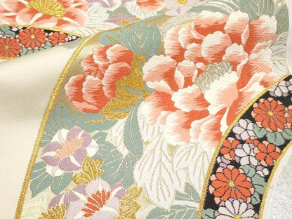 平和屋本店▼六通柄袋帯　唐織　能衣花鳥文　弐拾四金箔　正絹　逸品　CABL1557tx