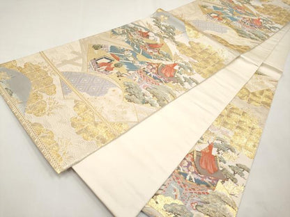 平和屋本店▼六通柄袋帯　唐織　扇面京祭図　本金箔　正絹　逸品　CABL1558tx