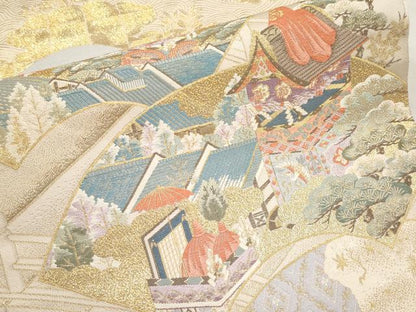 平和屋本店▼六通柄袋帯　唐織　扇面京祭図　本金箔　正絹　逸品　CABL1558tx