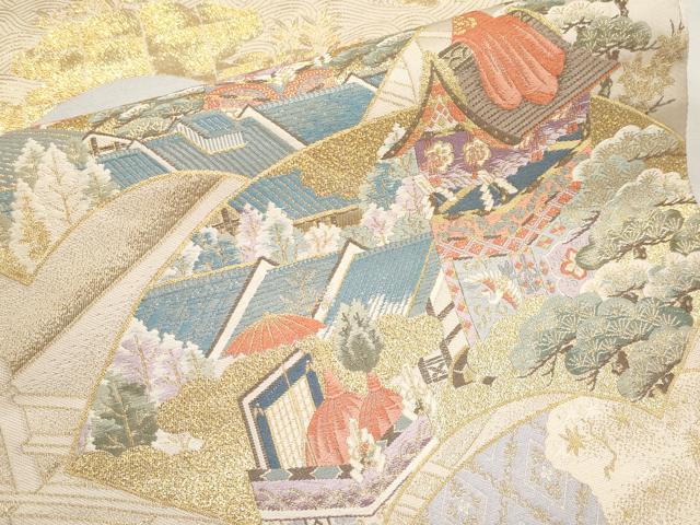 平和屋本店▼六通柄袋帯　唐織　扇面京祭図　本金箔　正絹　逸品　CABL1558tx