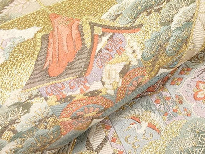 平和屋本店▼六通柄袋帯　唐織　扇面京祭図　本金箔　正絹　逸品　CABL1558tx
