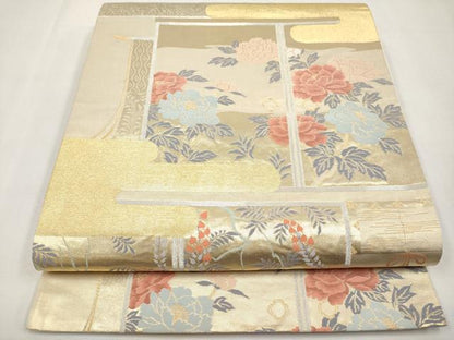 平和屋本店▼六通柄袋帯　霞屏風枝花文　本金箔　正絹　逸品　CABL1560tx