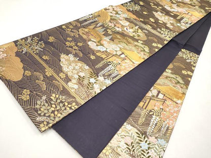 平和屋本店▼六通柄袋帯　鴛鴦風景文　本金箔　正絹　逸品　CABL1562tx