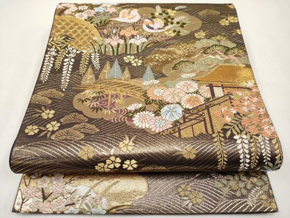 平和屋本店▼六通柄袋帯　鴛鴦風景文　本金箔　正絹　逸品　CABL1562tx