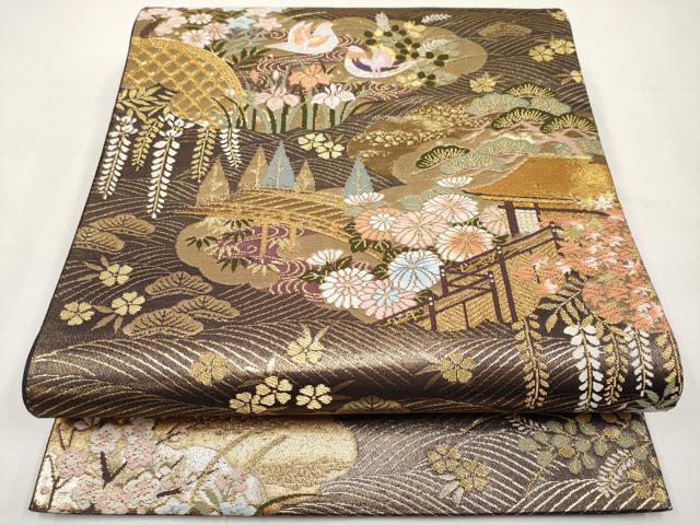 平和屋本店▼六通柄袋帯　鴛鴦風景文　本金箔　正絹　逸品　CABL1562tx