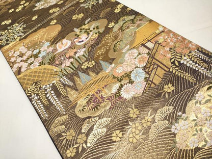 平和屋本店▼六通柄袋帯　鴛鴦風景文　本金箔　正絹　逸品　CABL1562tx