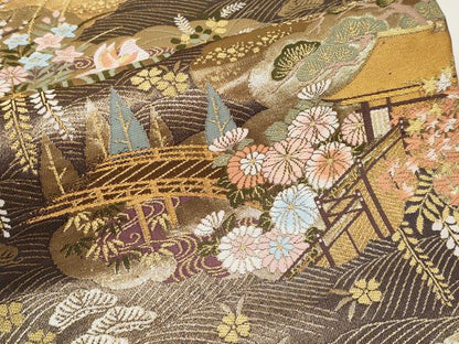 平和屋本店▼六通柄袋帯　鴛鴦風景文　本金箔　正絹　逸品　CABL1562tx