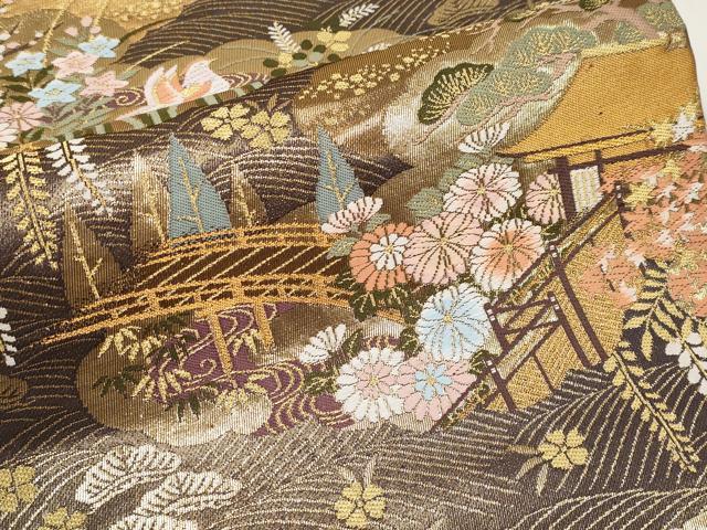 平和屋本店▼六通柄袋帯　鴛鴦風景文　本金箔　正絹　逸品　CABL1562tx