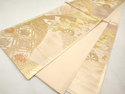 平和屋本店▼六通柄袋帯　地紙花車文　純金箔　正絹　逸品　未使用　CABL1563tx